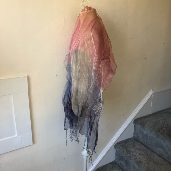 Pure Silk Sheer Art to Wear Lagenlook Multicolor Fringe Trim Scarf NWOT 66”x16” - Picture 3 of 8